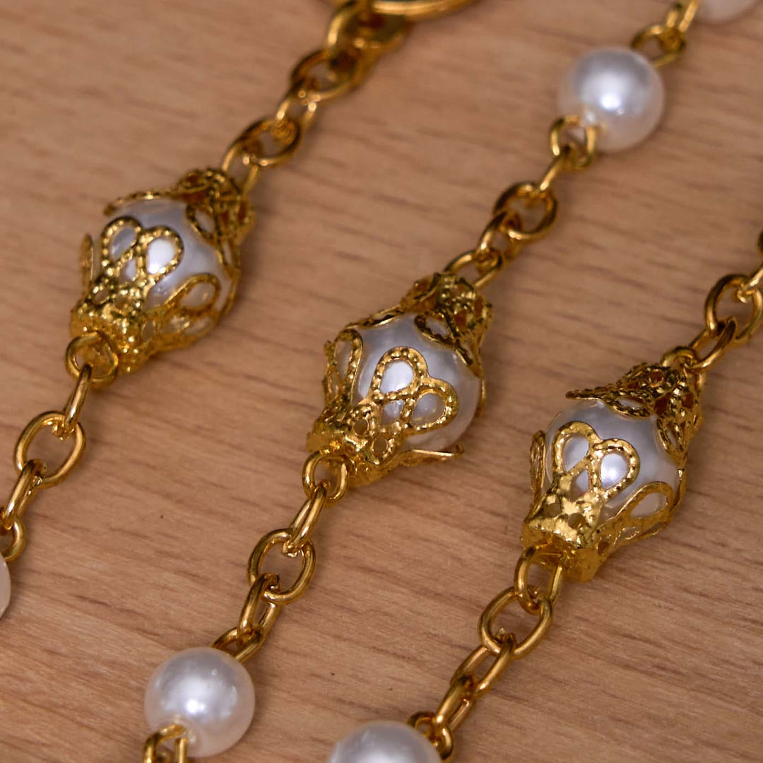 St. Benedict Medal & Crucifix, Round White Pearl Alloy Chain Rosary