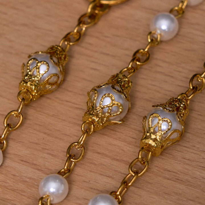 St. Benedict Medal & Crucifix, Round White Pearl Alloy Chain Rosary