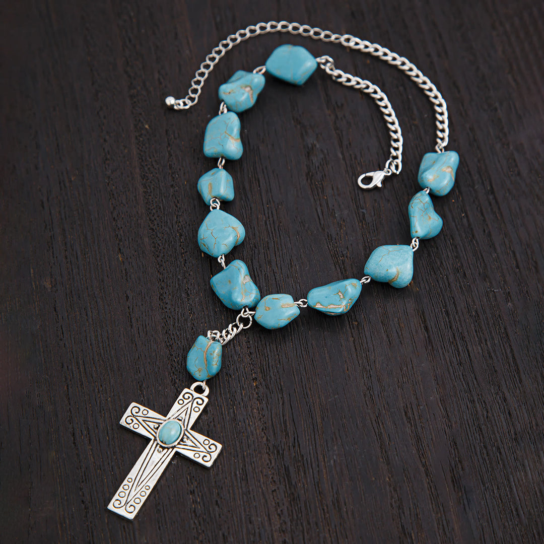 Retro Style Turquoise Natural Stone Cross Pendant Necklace