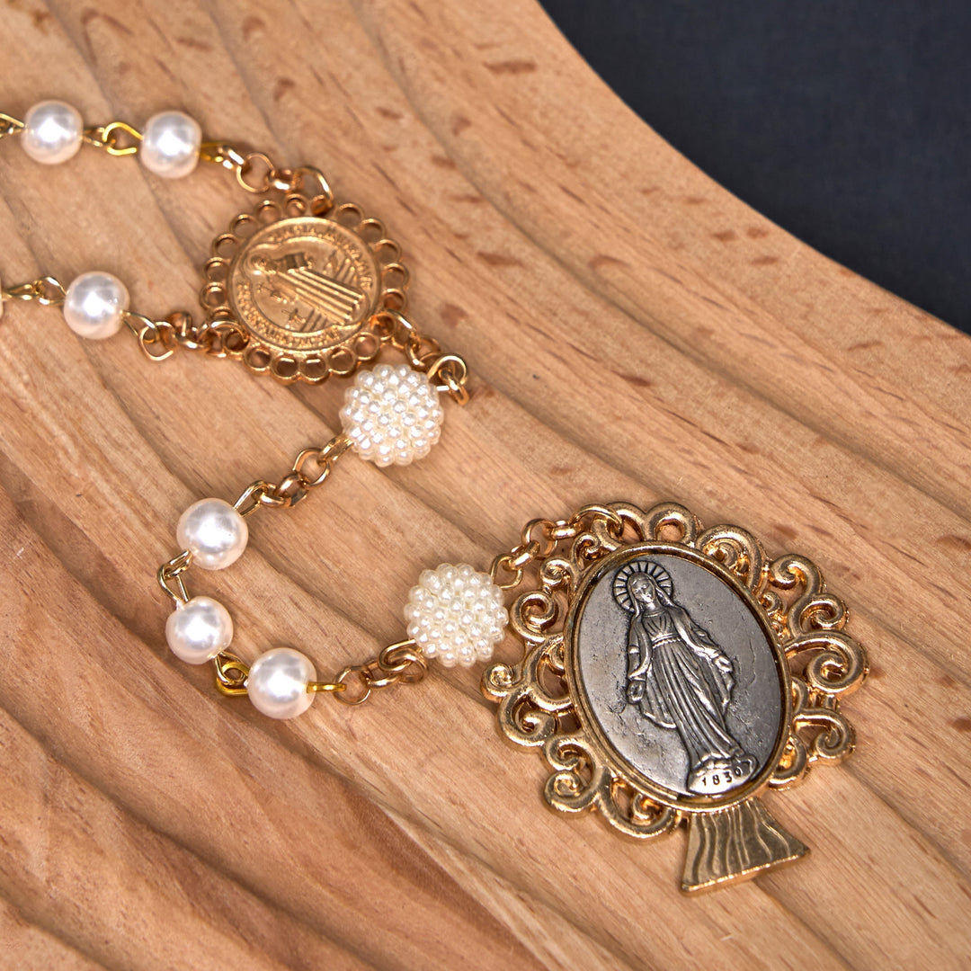 St. Benedict Medal & Miraculous Medal, Round White Pearl Alloy Chain Rosary