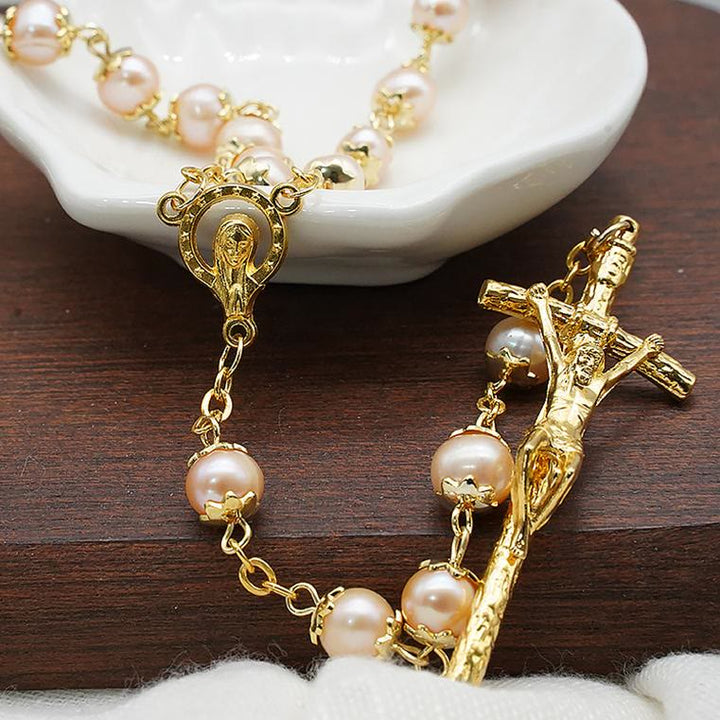 Virgin Mary & Crucifix, Round Champagne Pearl Alloy Chain Rosary