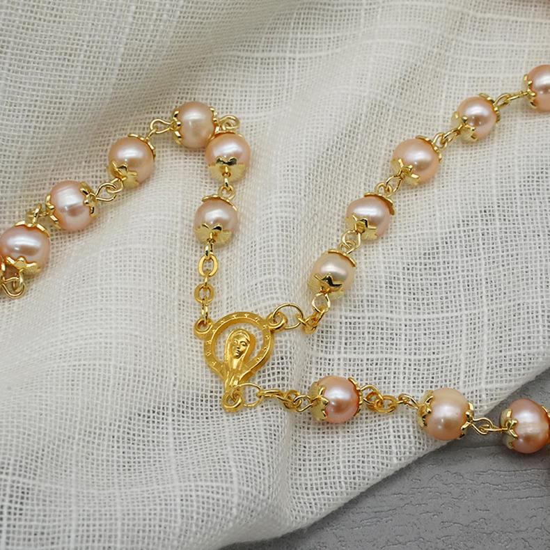Virgin Mary & Crucifix, Round Champagne Pearl Alloy Chain Rosary