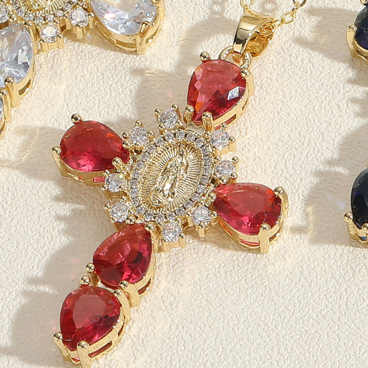 Modern Style Our Lady of Guadalupe Cross Zircon Pendants Necklace