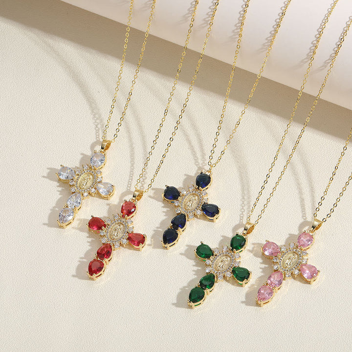 Modern Style Our Lady of Guadalupe Cross Zircon Pendants Necklace