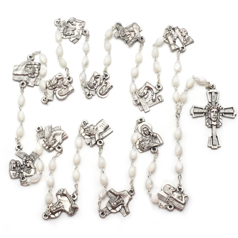Via Crucis 14 Stations of the Cross Oval Mother of Pearl/Olive Wood Rosary