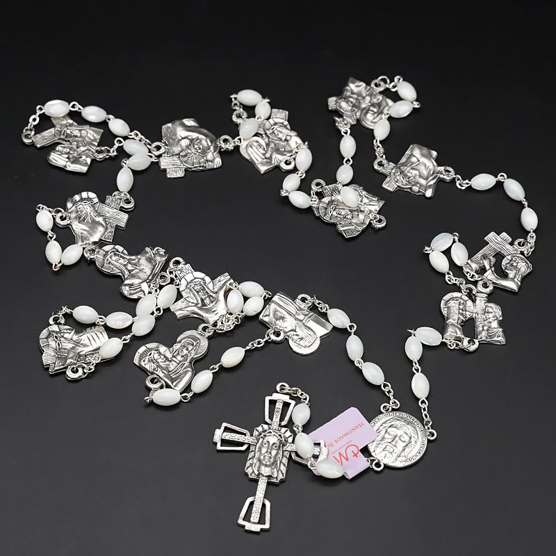 Via Crucis 14 Stations of the Cross Oval Mother of Pearl/Olive Wood Rosary
