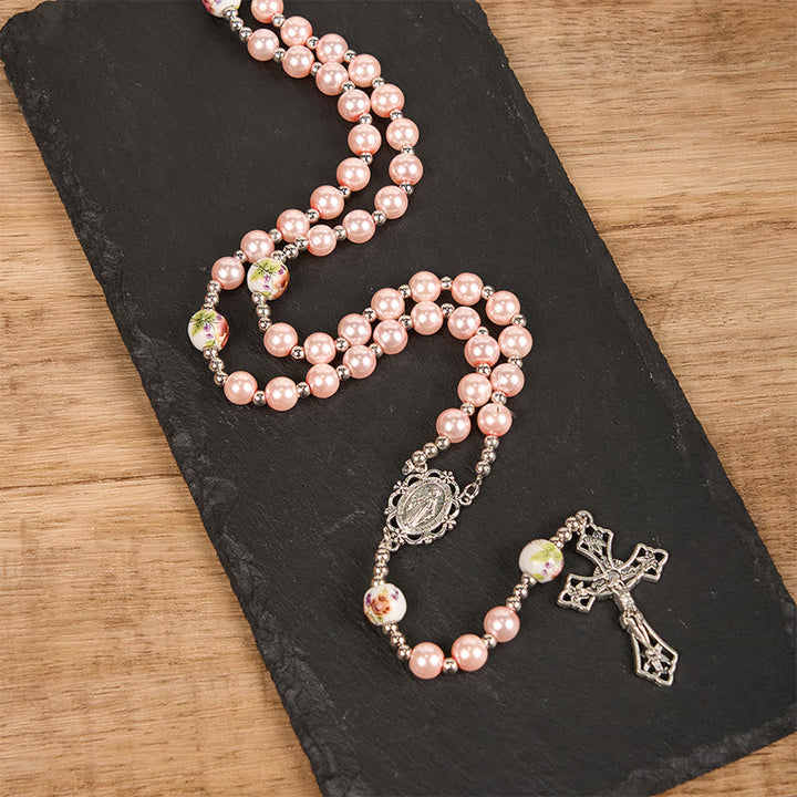 Miraculous Medal & Crucifix, Round Multicolor Pearl/Ceramics Rosary