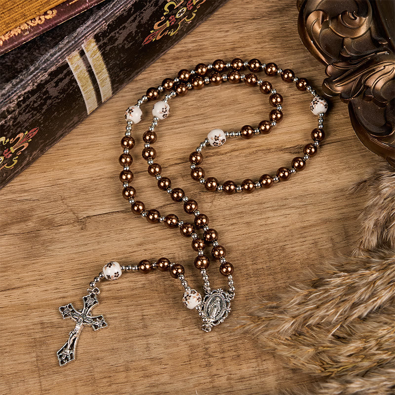 Miraculous Medal & Crucifix, Round Multicolor Pearl/Ceramics Rosary