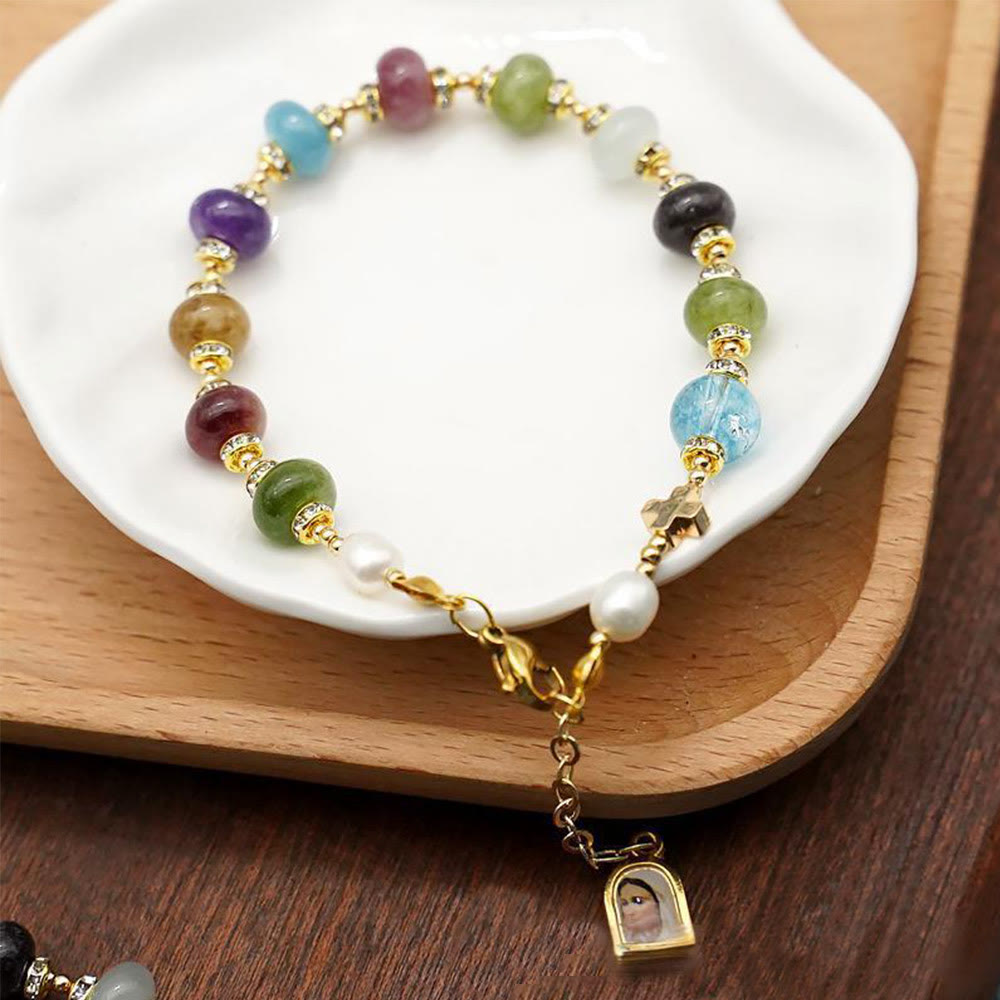 Miraculous Medal & Cross of Round Multicolor Natural Tourmaline Agate Bracelet