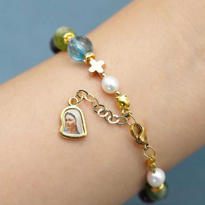 Miraculous Medal & Cross of Round Multicolor Natural Tourmaline Agate Bracelet