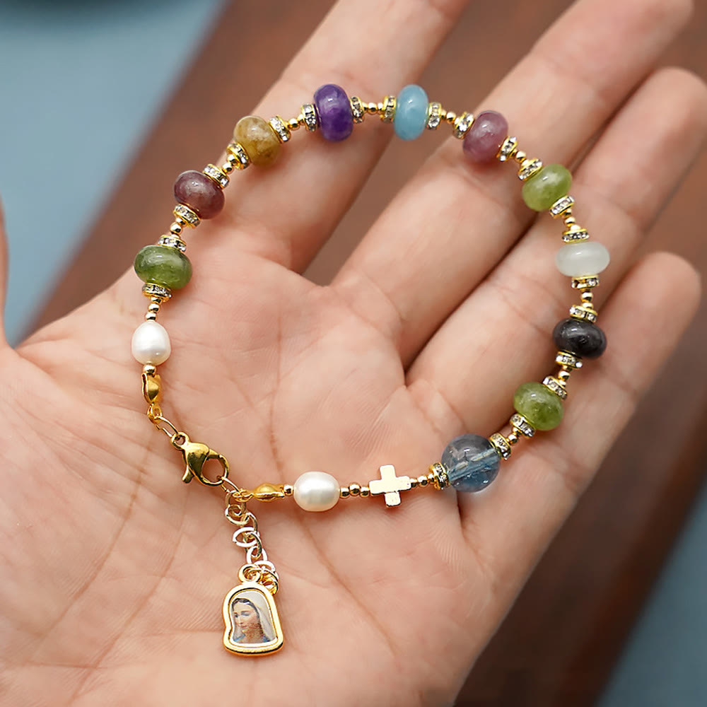 Miraculous Medal & Cross of Round Multicolor Natural Tourmaline Agate Bracelet