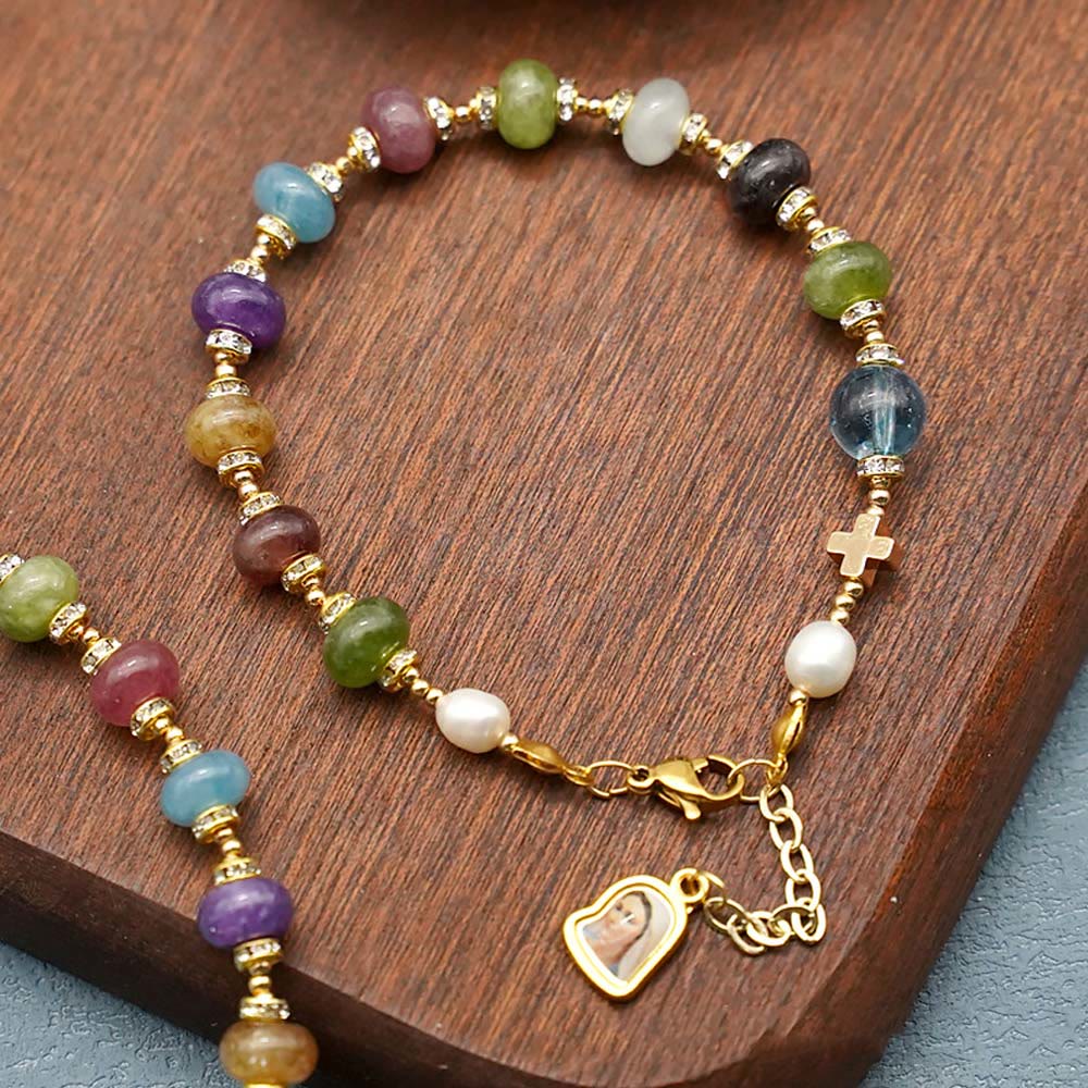 Miraculous Medal & Cross of Round Multicolor Natural Tourmaline Agate Bracelet