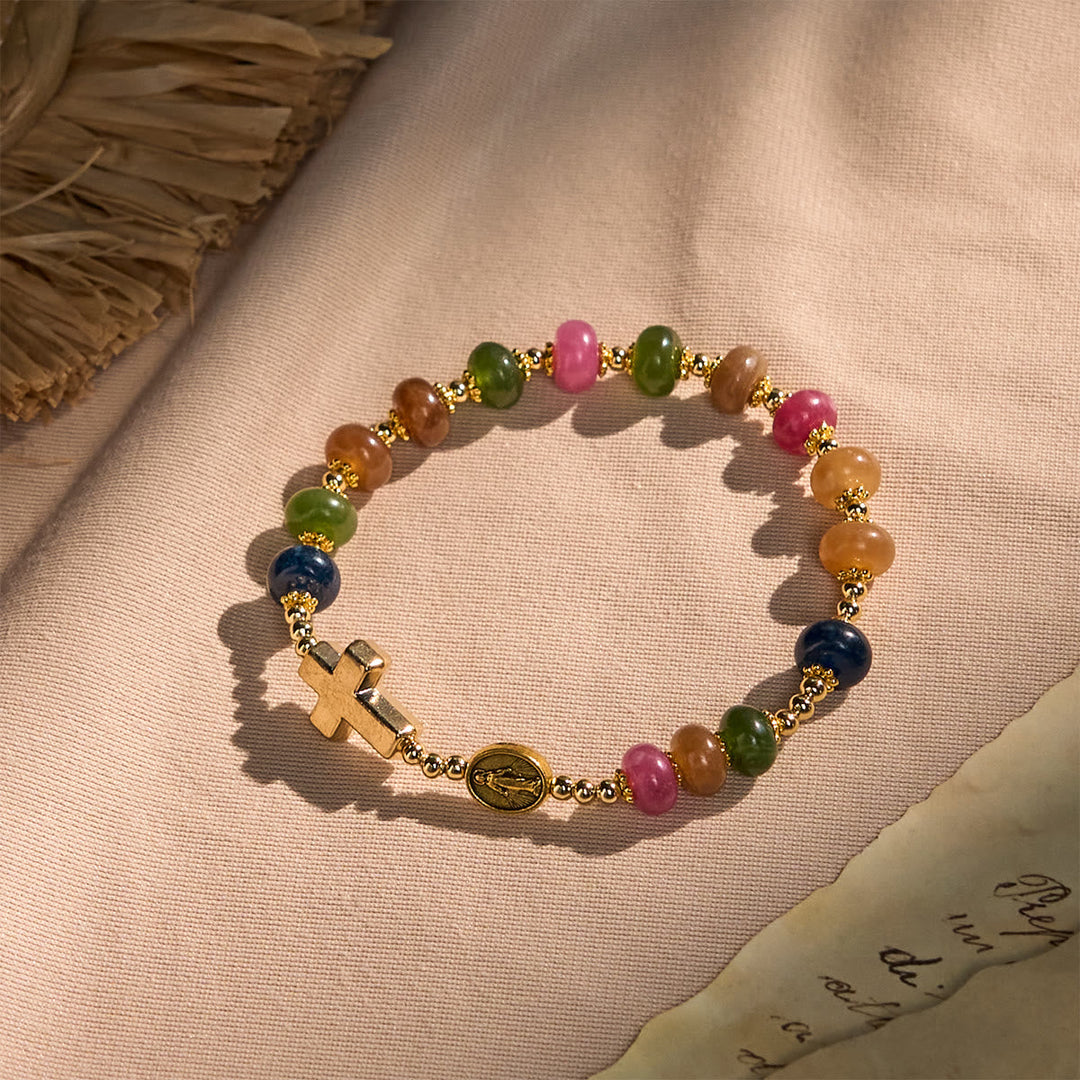 Tourmaline Abacus Beads Bracelet Featuring Cross and Miraculous Medal