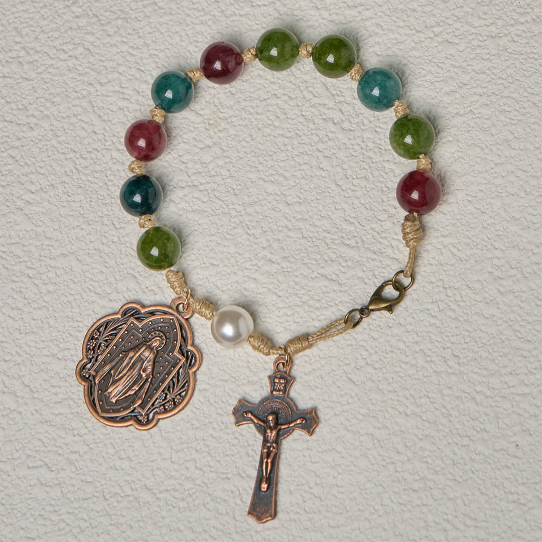 10mm Natural Tourmaline Agate Bracelets with Miraculous Medal & Crucifix