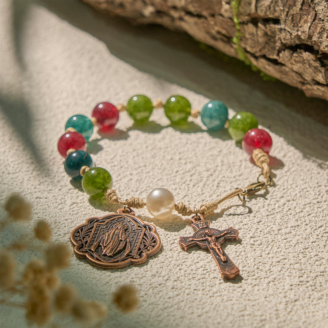 10mm Natural Tourmaline Agate Bracelets with Miraculous Medal & Crucifix