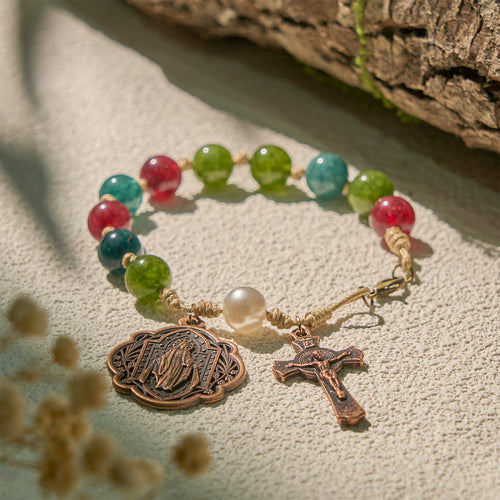 10mm Natural Tourmaline Agate Bracelets with Miraculous Medal & Crucifix