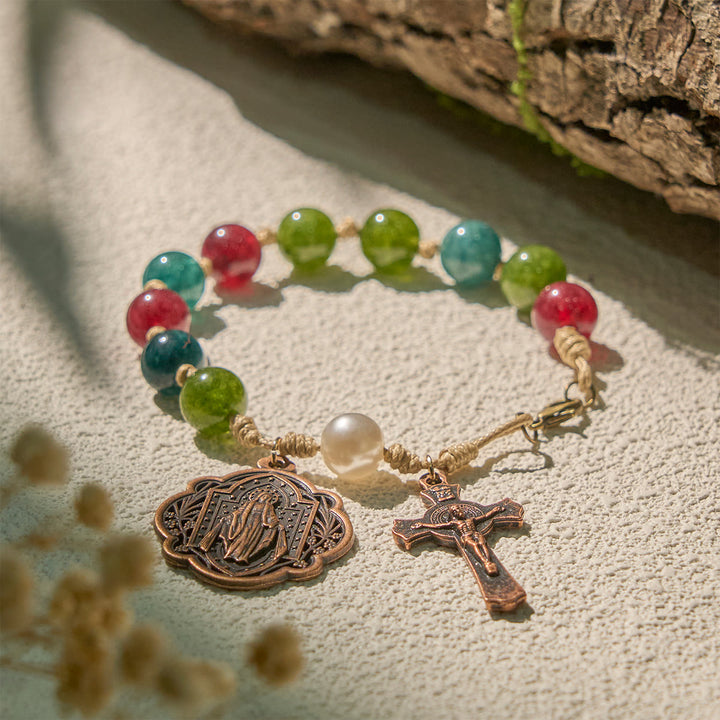 10mm Natural Tourmaline Agate Bracelets with Miraculous Medal & Crucifix