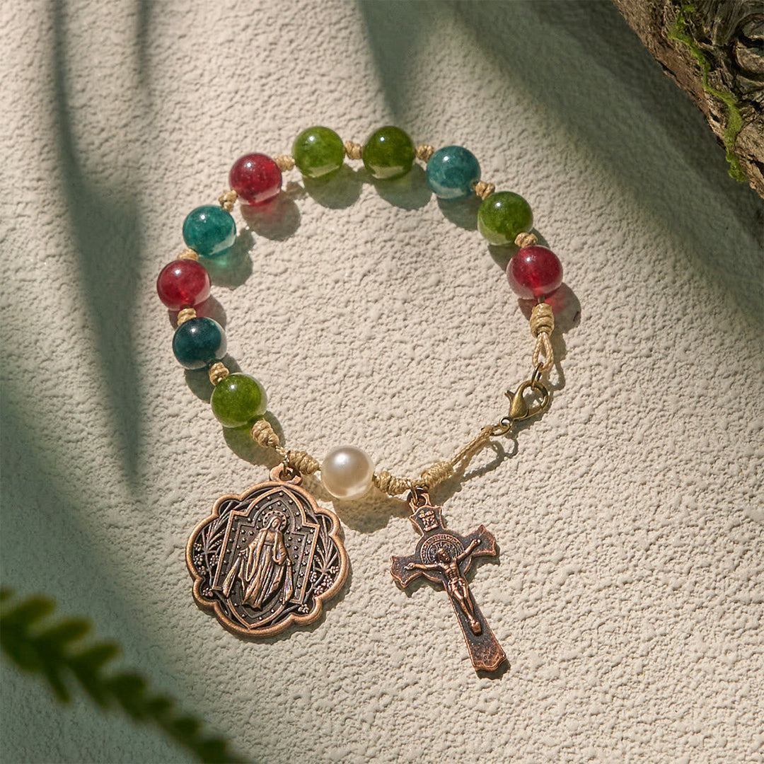 10mm Natural Tourmaline Agate Bracelets with Miraculous Medal & Crucifix