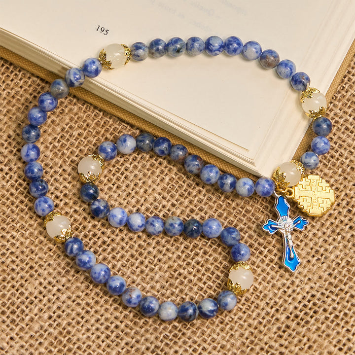 Artisanal Elastic 4mm Blue Stone Rosary Bracelet with Crucifix & Jerusalem Cross