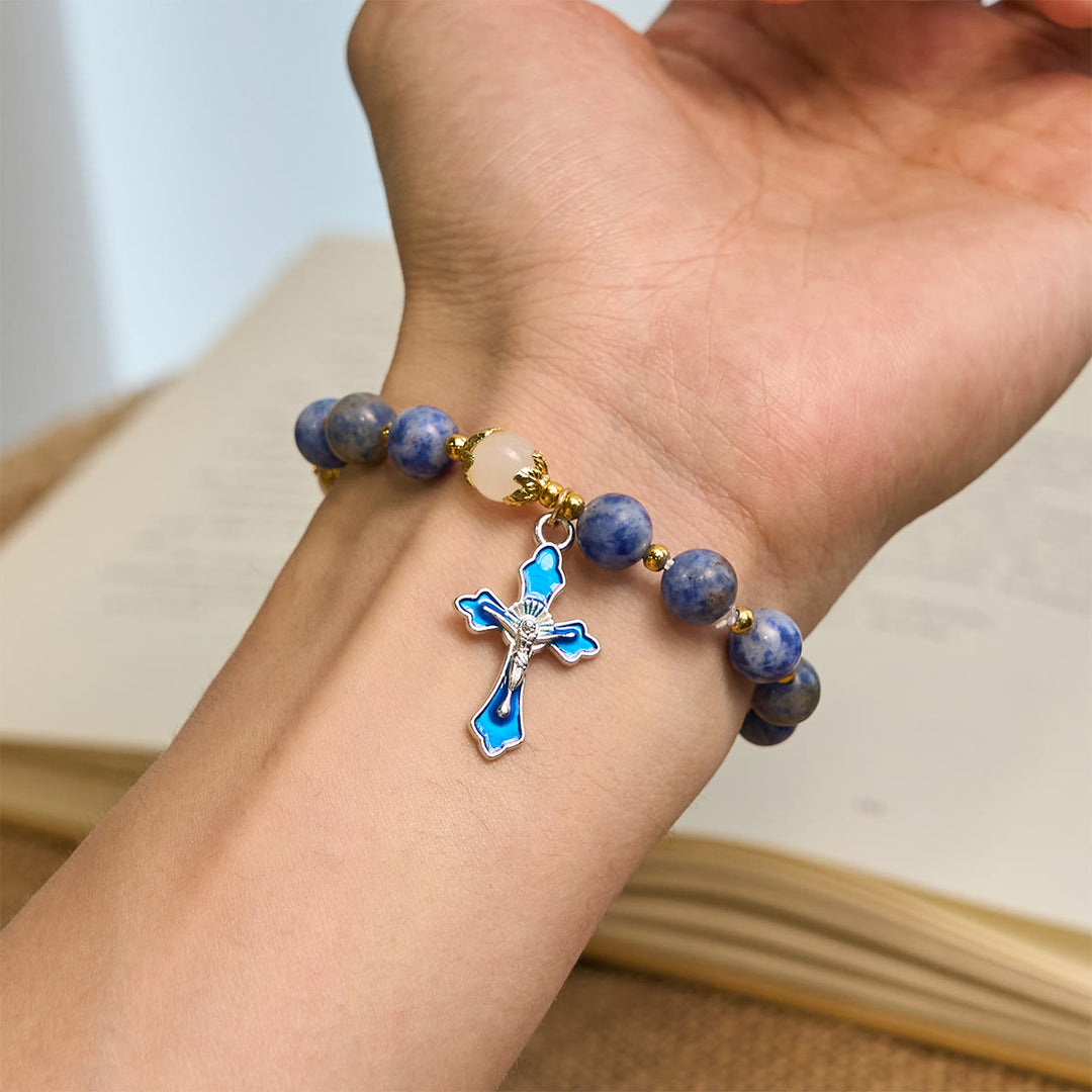 Serene Textured Blue Stone Bracelet with Blue Enamel Crucifix