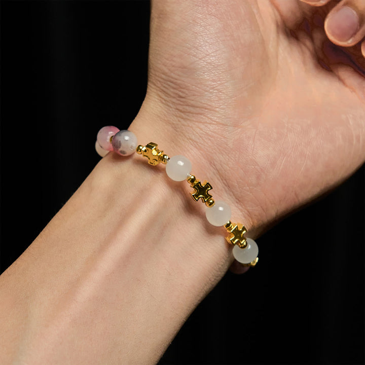 Graceful 8mm Persian Pink & Black Jade Beads Bracelet with Ancient Cross