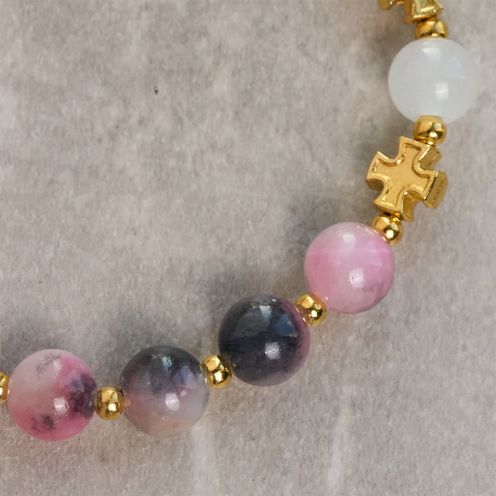 Graceful 8mm Persian Pink & Black Jade Beads Bracelet with Ancient Cross