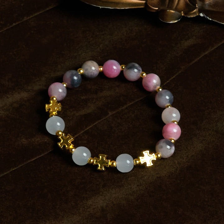 Graceful 8mm Persian Pink & Black Jade Beads Bracelet with Ancient Cross