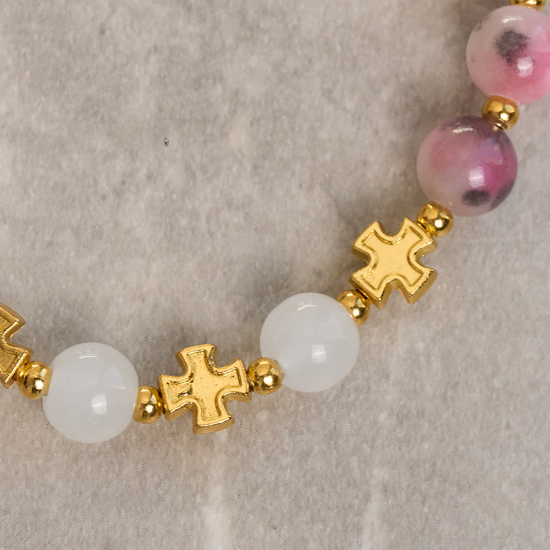 Graceful 8mm Persian Pink & Black Jade Beads Bracelet with Ancient Cross