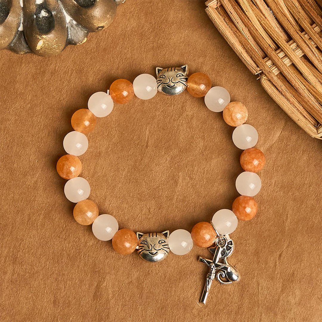 Orange & White Quartz with Cat Face Stainless Steel Charms of Orange Tabby Bracelet, Animal Rosary