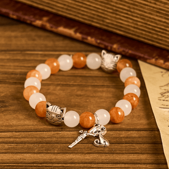 Orange & White Quartz with Cat Face Stainless Steel Charms of Orange Tabby Bracelet, Animal Rosary