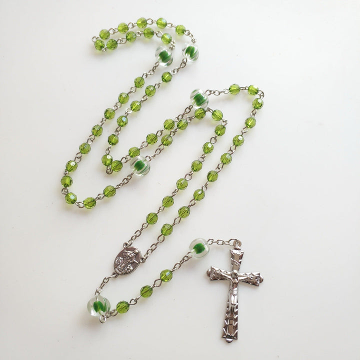 St. Benedict Medal & Trinity Cross, Green Floral Ball Prayer Beads Rosary