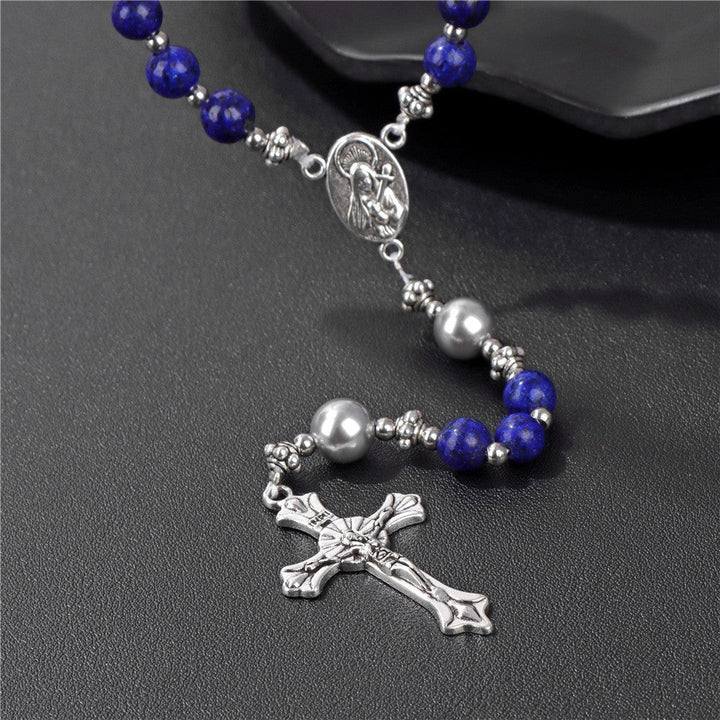 Handmade St. Therese of Lisieux Medal & Crucifix, Lapis Lazuli & Map Stone Rosary
