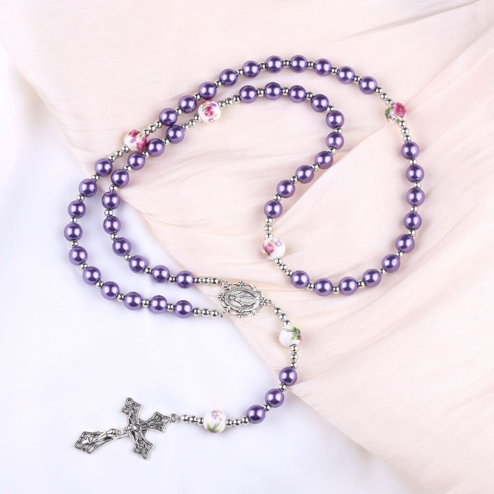 Miraculous Medal & Crucifix, Purple Pearl & Crystal Handmade Rosary