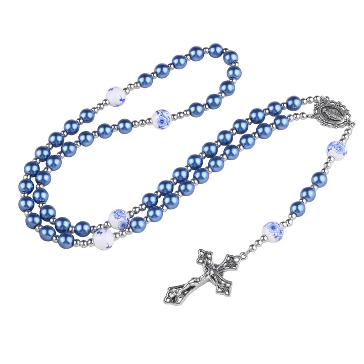 Sky Blue Pearl Our Lady Rosary with Jeweled Golden Crucifix