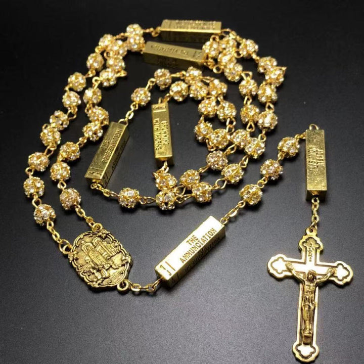 Our Lady of Fátima & Crucifix, Round Golden Metal Gems Alloy Chain Rosary