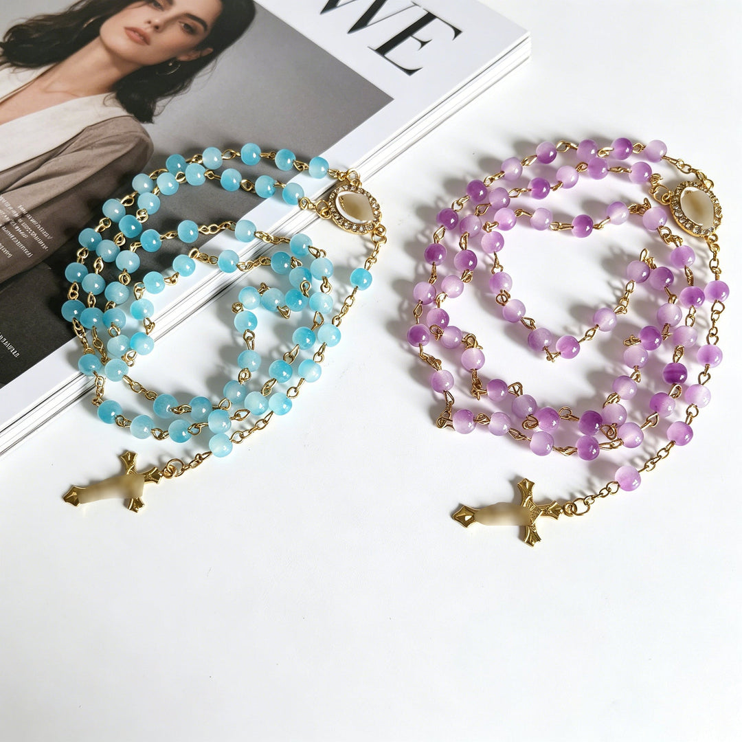 Our Lady of Guadalupe & Crucifix, Blue Aquamarine Chalcedony Beads Rosary