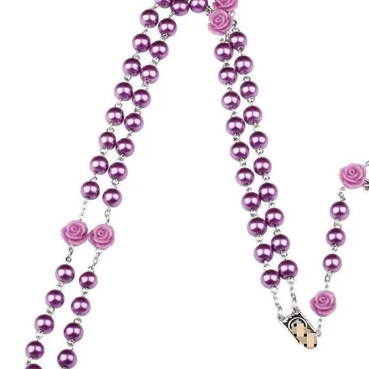 Madonna in Profile & Crucifix, Rose Round Multicolor Pearl Alloy Chain Rosary (8 Colors)
