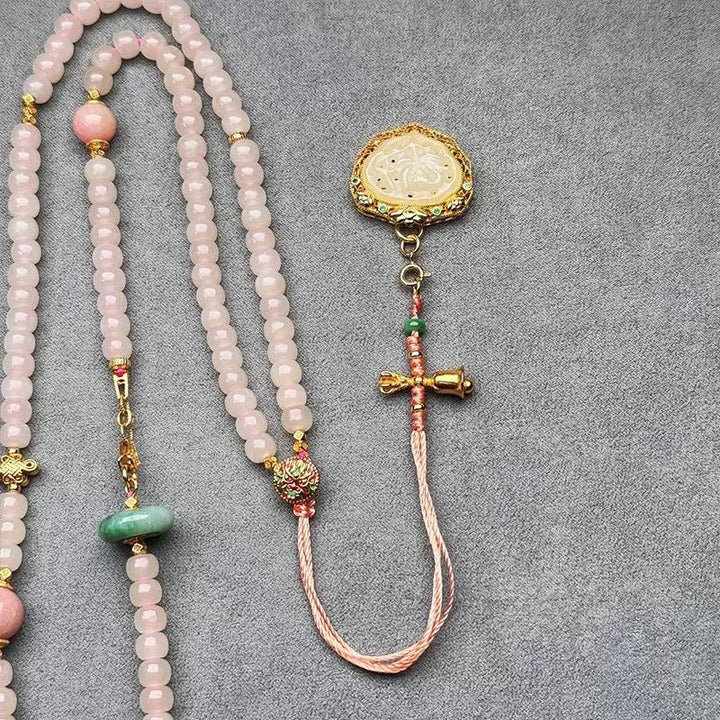 Handmade Pink Chalcedony & Porcelain Golden Sand Our Father Beads Rosary
