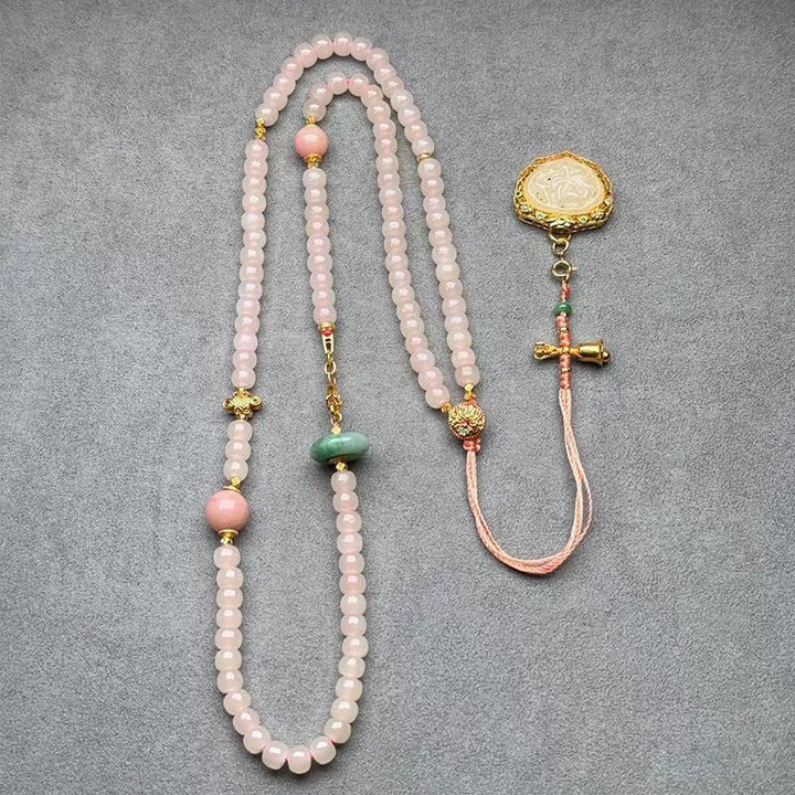 Handmade Pink Chalcedony & Porcelain Golden Sand Our Father Beads Rosary
