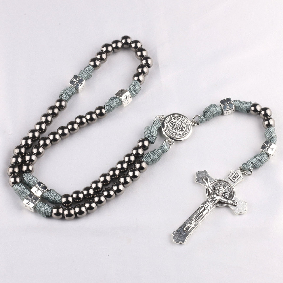 Miraculous Medal & Crucifix, Round Black Gallstone Nylon Cord Rosary