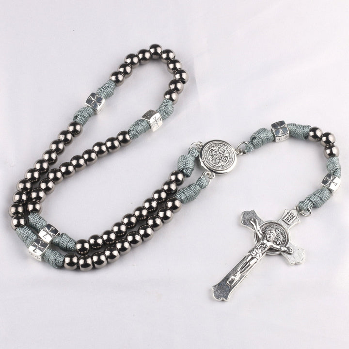 Miraculous Medal & Crucifix, Round Black Gallstone Nylon Cord Rosary