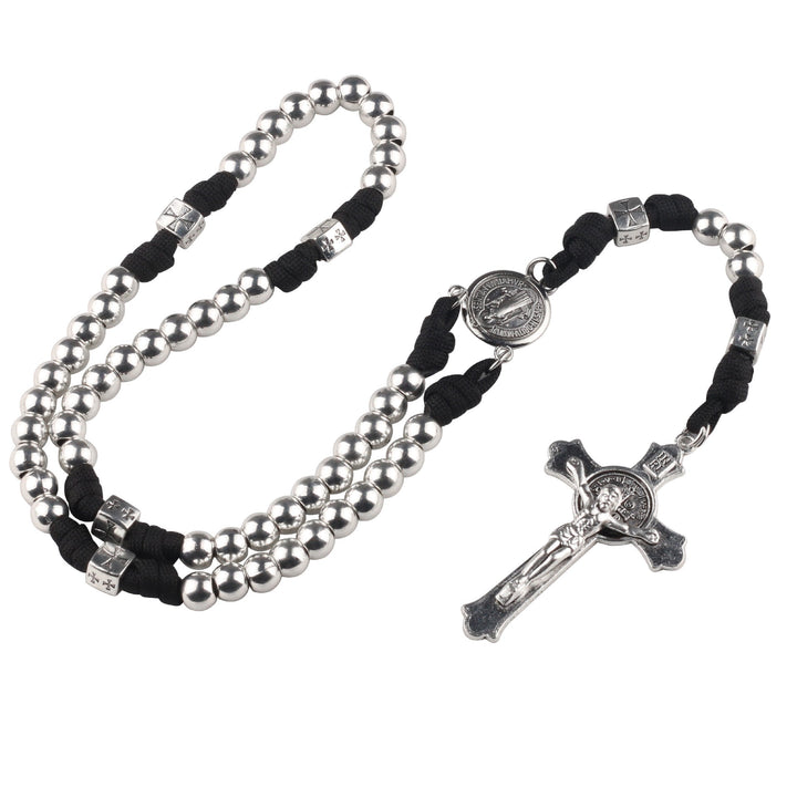Miraculous Medal & Crucifix, Round Black Gallstone Nylon Cord Rosary
