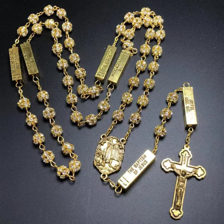 Our Lady of Fátima & Crucifix, Round Golden Metal Gems Alloy Chain Rosary