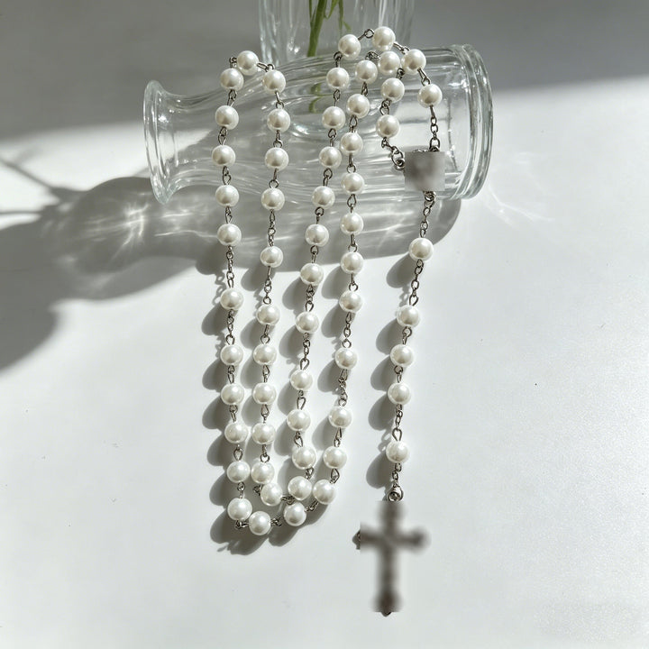 Miraculous Medal & Crucifix, White Pearl Ball Prayer Beads Rosary