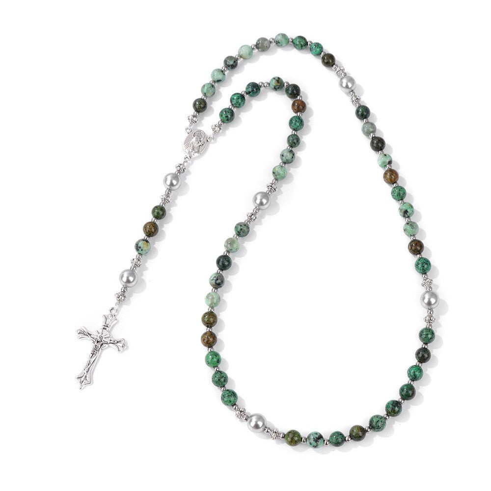Handmade St. Therese of Lisieux Medal & Crucifix, Lapis Lazuli & Map Stone Rosary