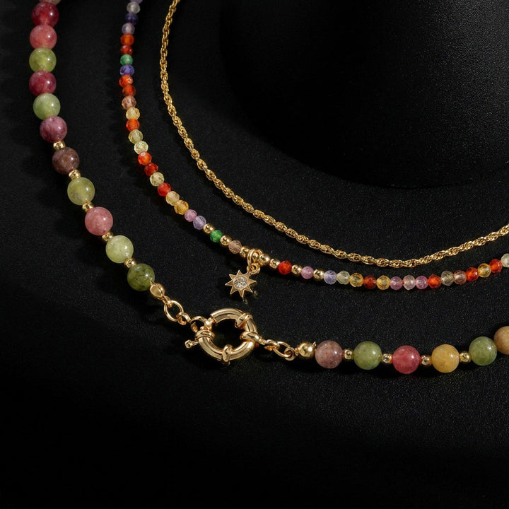 Colorful Tourmaline Beads Rosary with Square Divine Mercy & Golden Crucifix