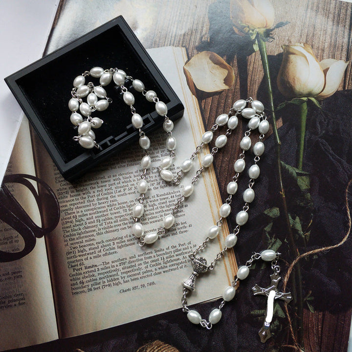 Holy Grail & Crucifix, Oval White Pearl Alloy Chain Rosary