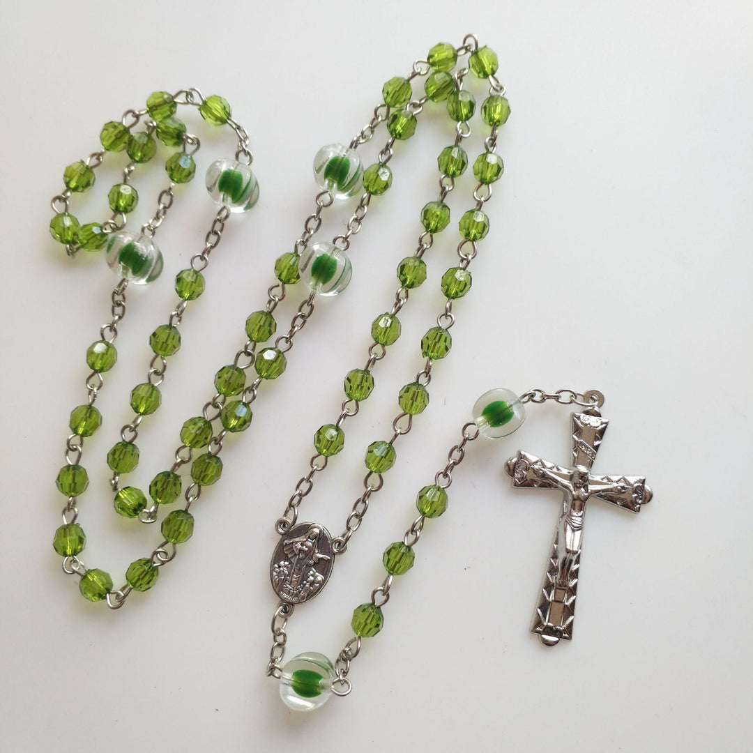 St. Benedict Medal & Trinity Cross, Green Floral Ball Prayer Beads Rosary