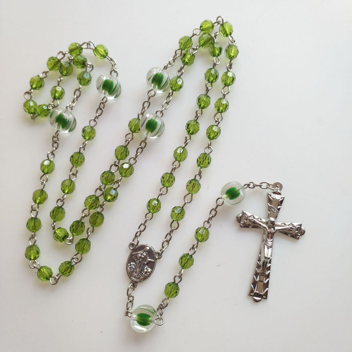 St. Benedict Medal & Trinity Cross, Green Floral Ball Prayer Beads Rosary