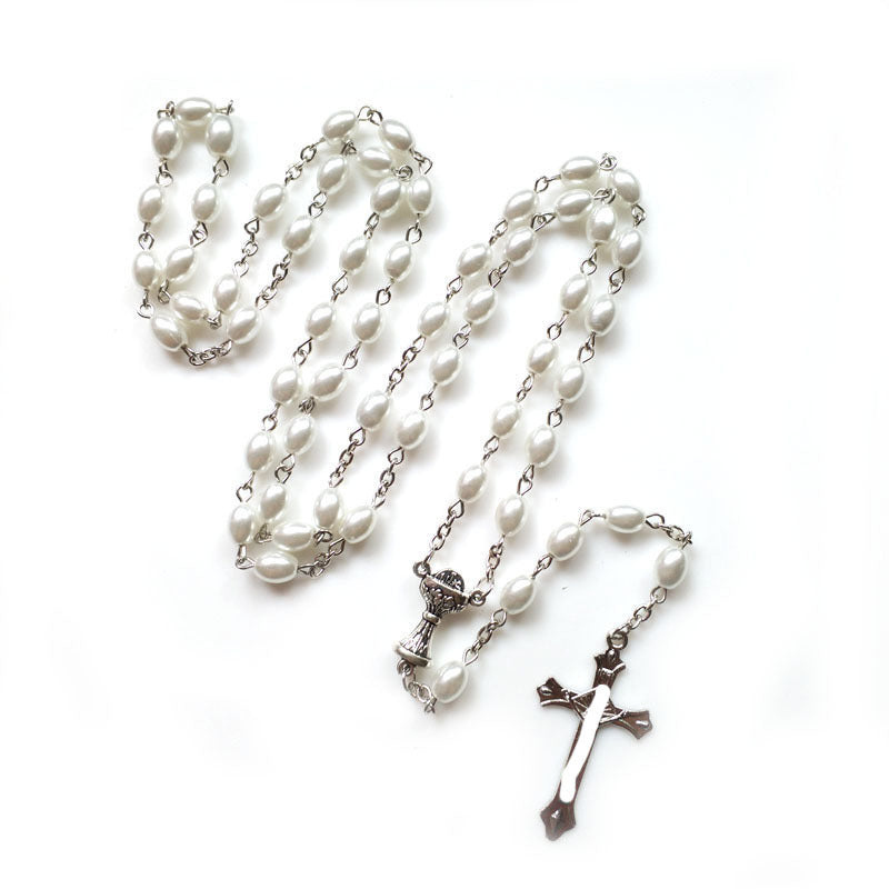 Holy Grail & Crucifix, Oval White Pearl Alloy Chain Rosary